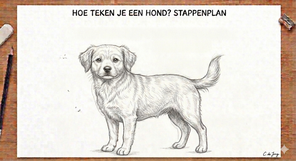 Hoe teken je een hond stappenplan met realistische potloodschets van een staande hond op papier