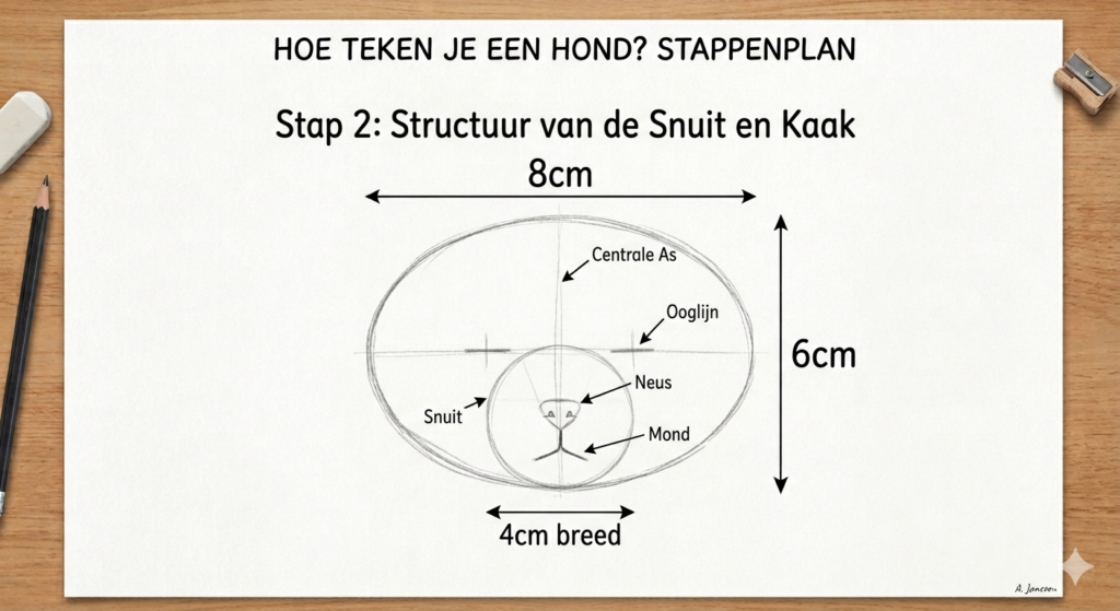 Ovaal met kruis van hulplijnen en snuitcirkel eronder