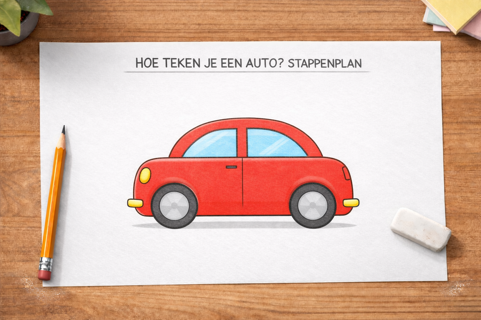 Hoe teken je een auto stappenplan met rode auto tekening op papier, potlood en gum op houten tafel