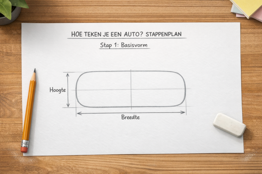 Hoe teken je een auto basisvorm met afgeronde rechthoek en hulplijnen voor hoogte en breedte op papier