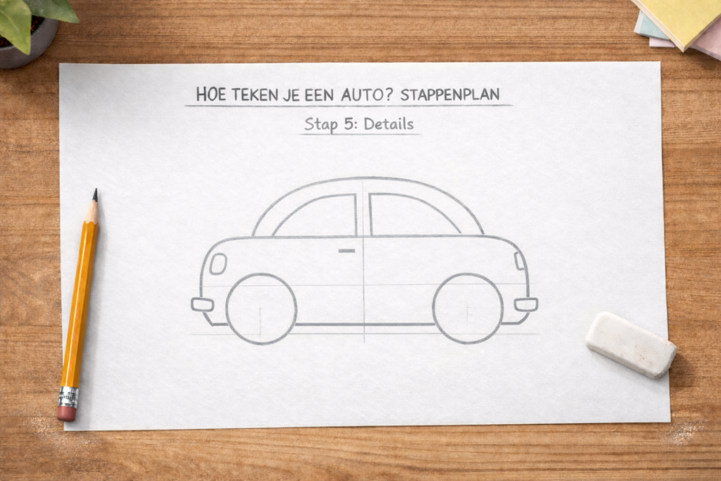 Hoe teken je een auto met details stap, koplampen, bumper en deur zichtbaar in de tekening