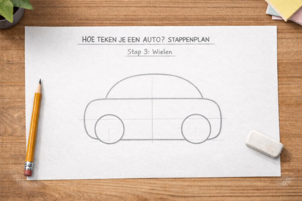 Hoe teken je een auto met wielen stap, twee gelijke cirkels onder de basisvorm en hulplijnen zichtbaar