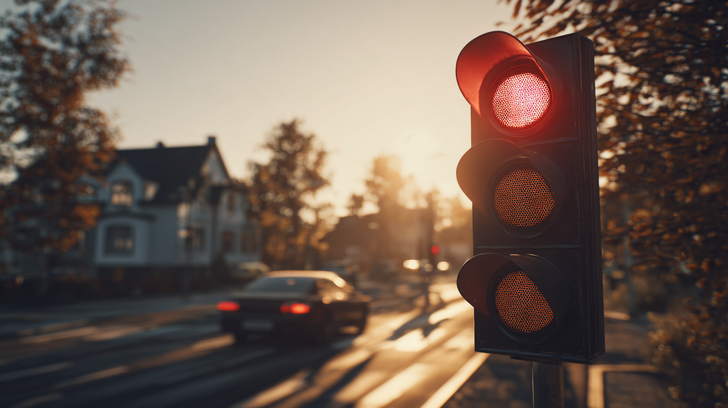 Rood stoplicht bij een weg om verkeersregels aan kinderen uit te leggen.