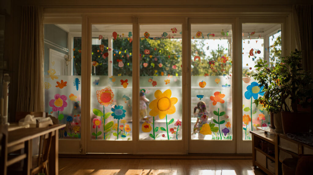 Grote ramen vol kleurrijke raamtekeningen met bloemen en figuren, gemaakt door kinderen.