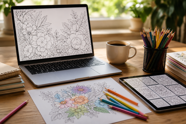 Werkplek van een creatieve ondernemer met laptop, tablet, kleurplaten en kleurpotloden voor het ontwerpen en verkopen van digitale kleurplaten