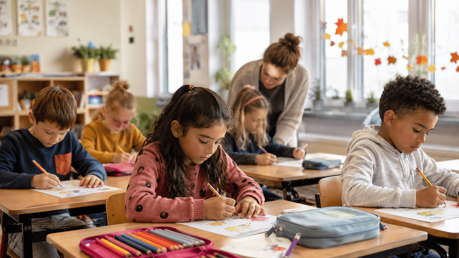 kinderen die kleurplaten inkleuren in de klas