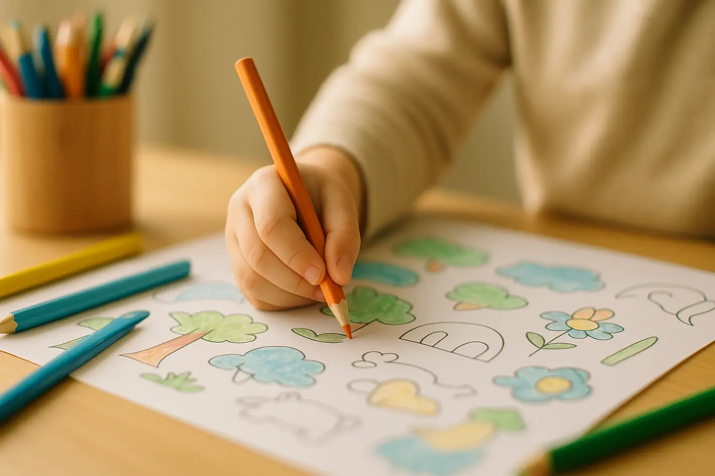 Kind tekent met kleurpotlood als creatieve bezigheid op papier