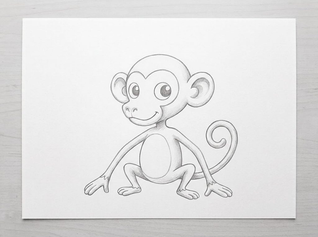 Op een vel wit papier ligt op een houten tafelblad een gedetailleerde tekening in grafietpotlood. De tekening toont een zittende aap, van opzij gezien. Alle bouwlijnen zijn weggewerkt en de tekening is voorzien van licht potloodschaduwen. De lichtbron bevindt zich linksboven. De tekening is gemaakt met dunne, lichte lijnen.