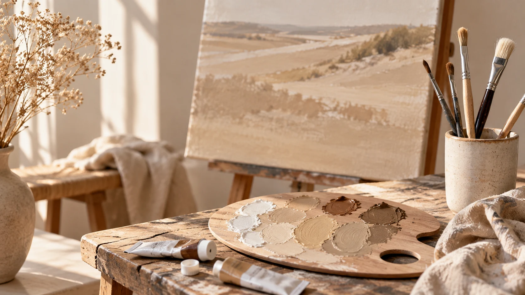 schildersezel mengbord verschillende tinten kleuren beige