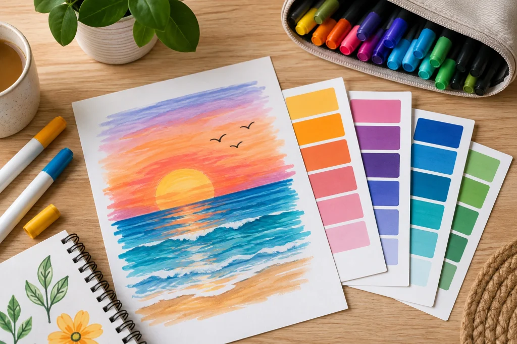 zonsondergang getekend met stiften