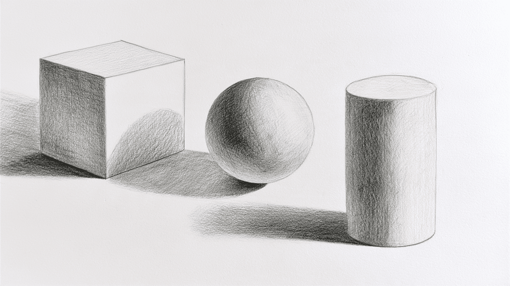 3D vormen tekenen: een kubus, een bol en een cilinder met schaduw