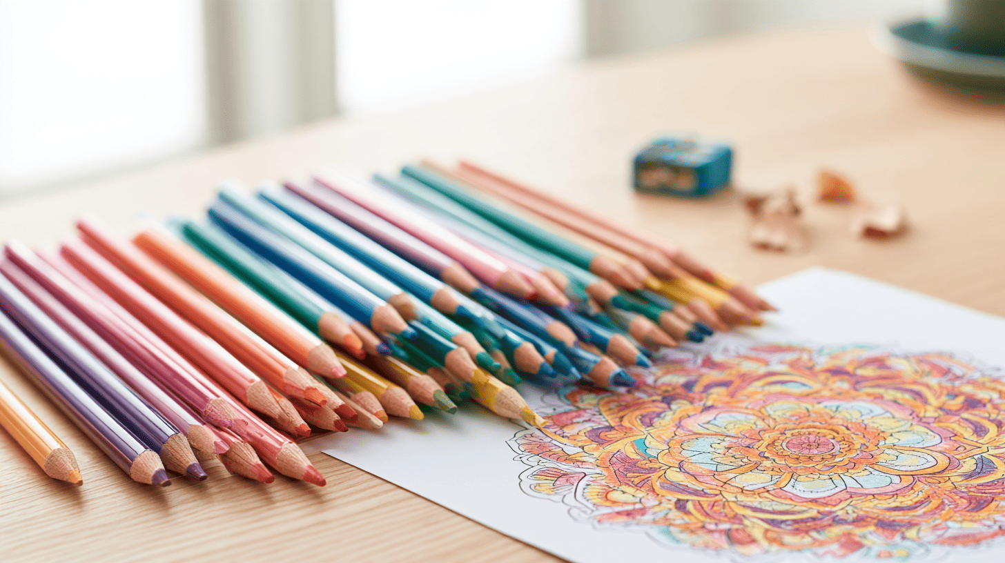 beste kleurpotloden voor volwassenen naast een half ingekleurde mandala